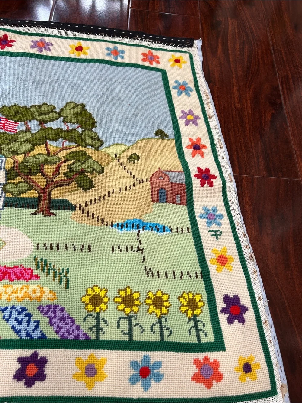 Vintage Handcrafted Needlepoint Tapestry – Country Estate & Garden Scene